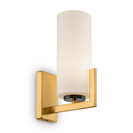 Fortano Wandleuchte mit zylindrischem Glaslampenschirm und Messing-farbenem Metallbeschlag.