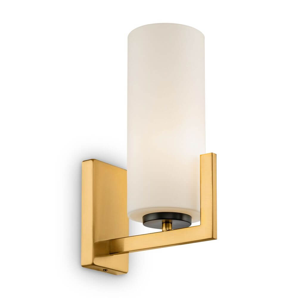 Fortano Wandleuchte mit zylindrischem Glaslampenschirm und Messing-farbenem Metallbeschlag.