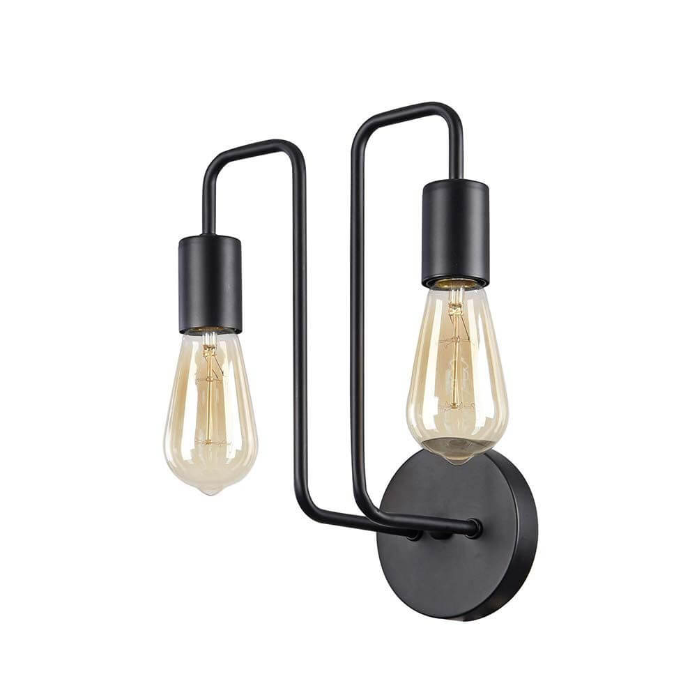 Gilbert Wandleuchte 2-flg. Schwarz mit modernem Metallrahmen und zwei Edison-Lampen.