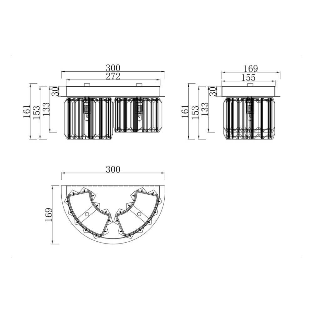 Technische Zeichnung der Glas Wandlampe Colline 2-flammig mit Abmessungen und Designdetails.