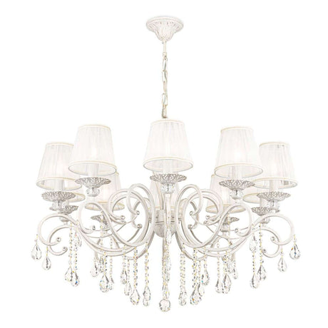 Grace chandelier, 10-light, white and gold, with white lampshades and crystal pendants.