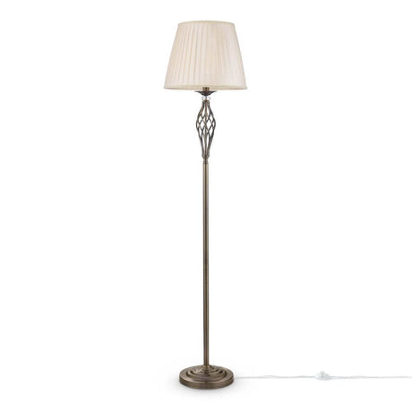 Elegante Grace Stehleuchte Klassisch mit weißem und gold lackiertem Metallrahmen und plissiertem Organza Lampenschirm.