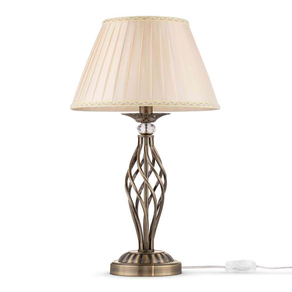 Grace Tischlampe Metall Messing mit plissiertem Organza Lampenschirm und Kristallanhänger.