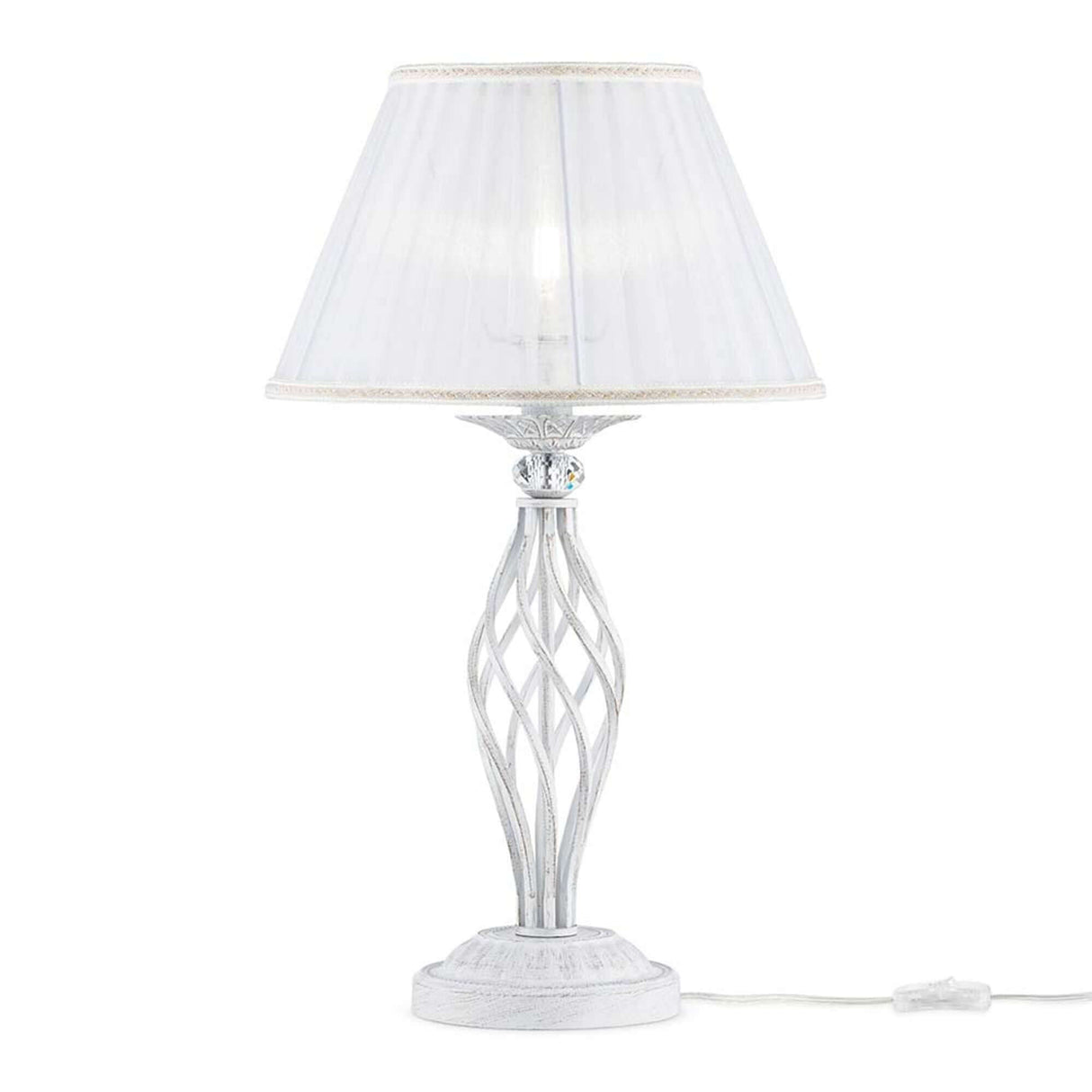 Grace Tischlampe Weiß mit Metallrahmen in Weiß und Gold, plissiertem Organza und Kristallanhänger.