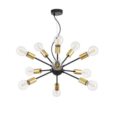 Suspension Jackson à 12 lumières, laiton – plafonnier avec cadre métallique noir et douilles dorées, lustre à 12 lumières