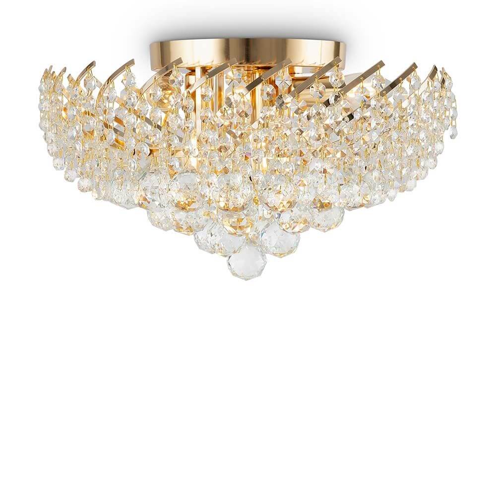 Karolina Deckenleuchte mit vergoldetem Metallrahmen und Kristallanhängern in verschiedenen Größen und Formen.