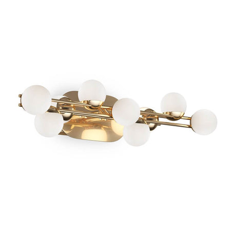 LED-Wandleuchte Tessara in modernem Design mit goldener Basis und mehreren weißen Glaskugeln.