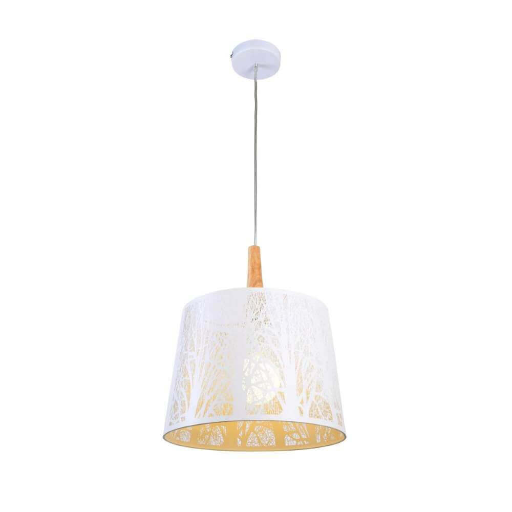 Lantern Pendelleuchte Metall mit weißem Metallrahmen und Baumsilhouetten-Design.