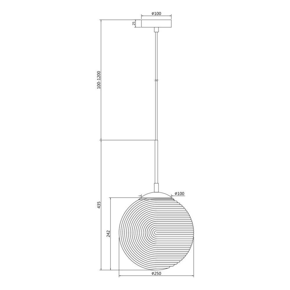 Technische Zeichnung der Lumina Pendelleuchte Ø 25 cm mit höhenverstellbarem Kabel und grafischem Ornament.