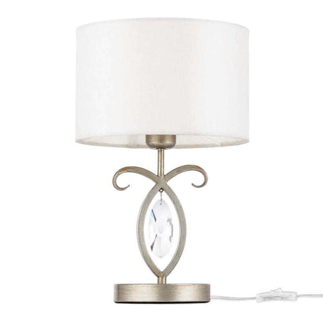 Luksus bordlampe metal, krystal med stilfuld stofskærm og dekorative glaselementer.