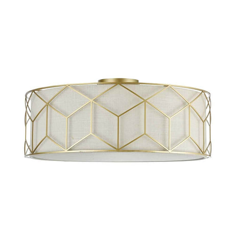 Messina Deckenleuchte Gold mit Metallrahmen und Leinenbezug, elegantes Design für jeden Raum.