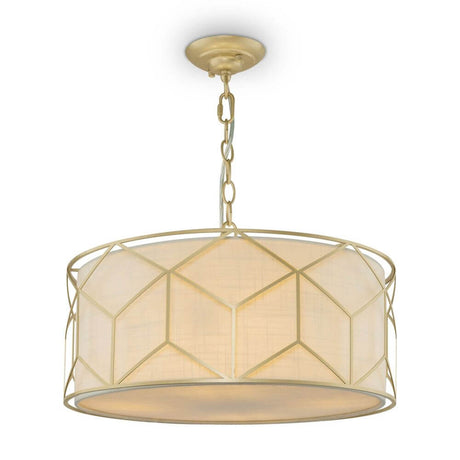 Messina Pendelleuchte in elegantem Design mit geometrischem Lampenschirm in Gold und Beige.