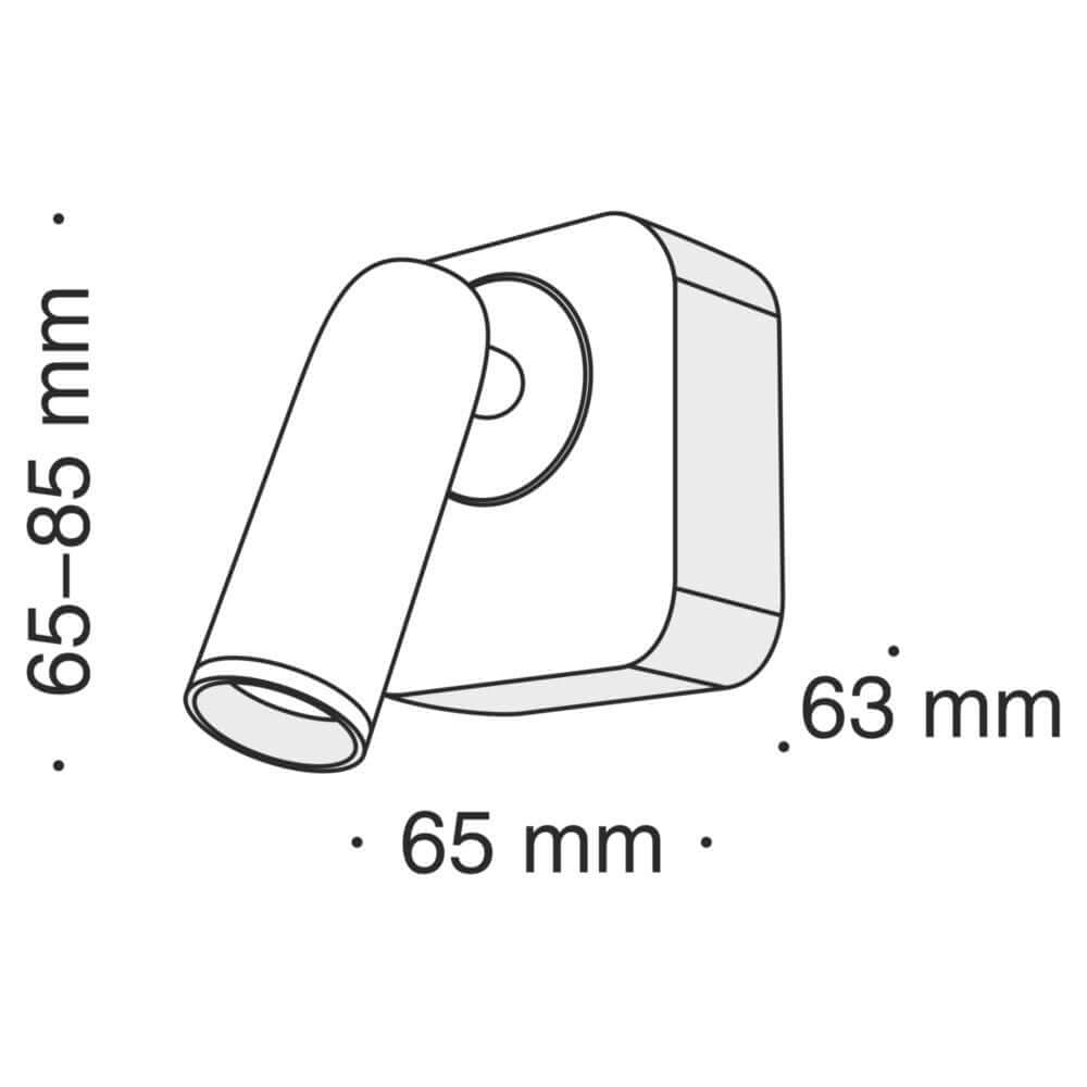 Mirax LED-Wandspot 350° drehbar technische Zeichnung mit Abmessungen 65-85 mm und 63 mm.