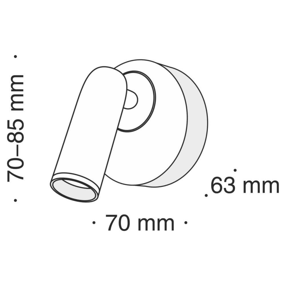 Technische Skizze des Mirax LED-Wandstrahlers, drehbar, Maße: 70-85 mm, 63 mm, 70 mm.