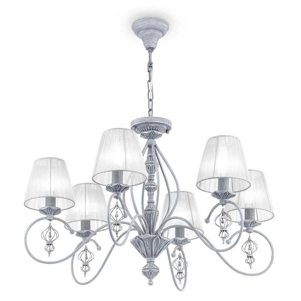 Monsoon Kronleuchter 6-flg. aus Metallrahmen mit antik grauem Finish und Organza Lampenschirmen.