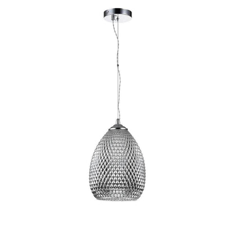 Suspension Moreno avec cadre métallique chromé et fines ornements en verre pour une ambiance moderne.