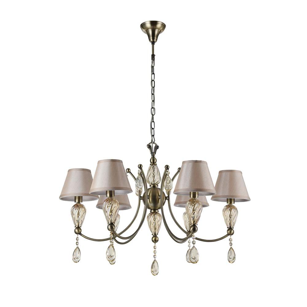 Murano Glas-Kronleuchter 6-flammig Bronze mit champagnerfarbenen Kristallen und bronzefarbenem Metallrahmen.