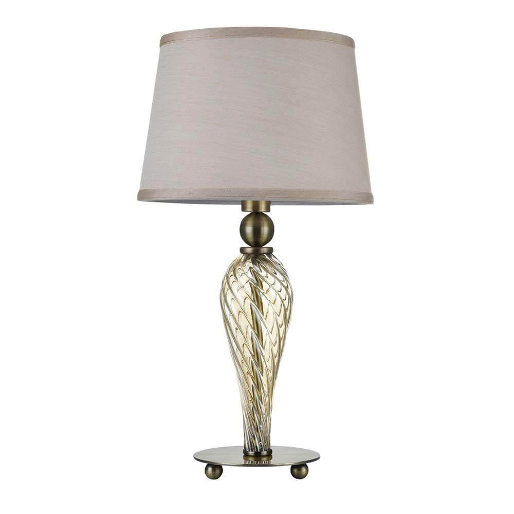 Murano Glas Tischlampe Champagner mit bronzefarbenem Metallrahmen und champagnerfarbenen Kristallkomponenten.