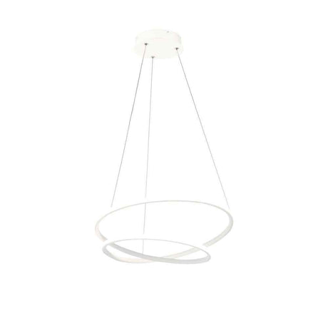 Suspension Nola LED blanche avec structure métallique moderne et différents diamètres dans un design élégant.