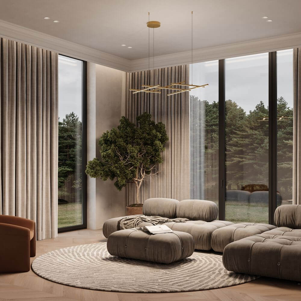 Moderne Einrichtung mit LED Pendelleuchte Radiance Gold 3000K im Wohnzimmer.