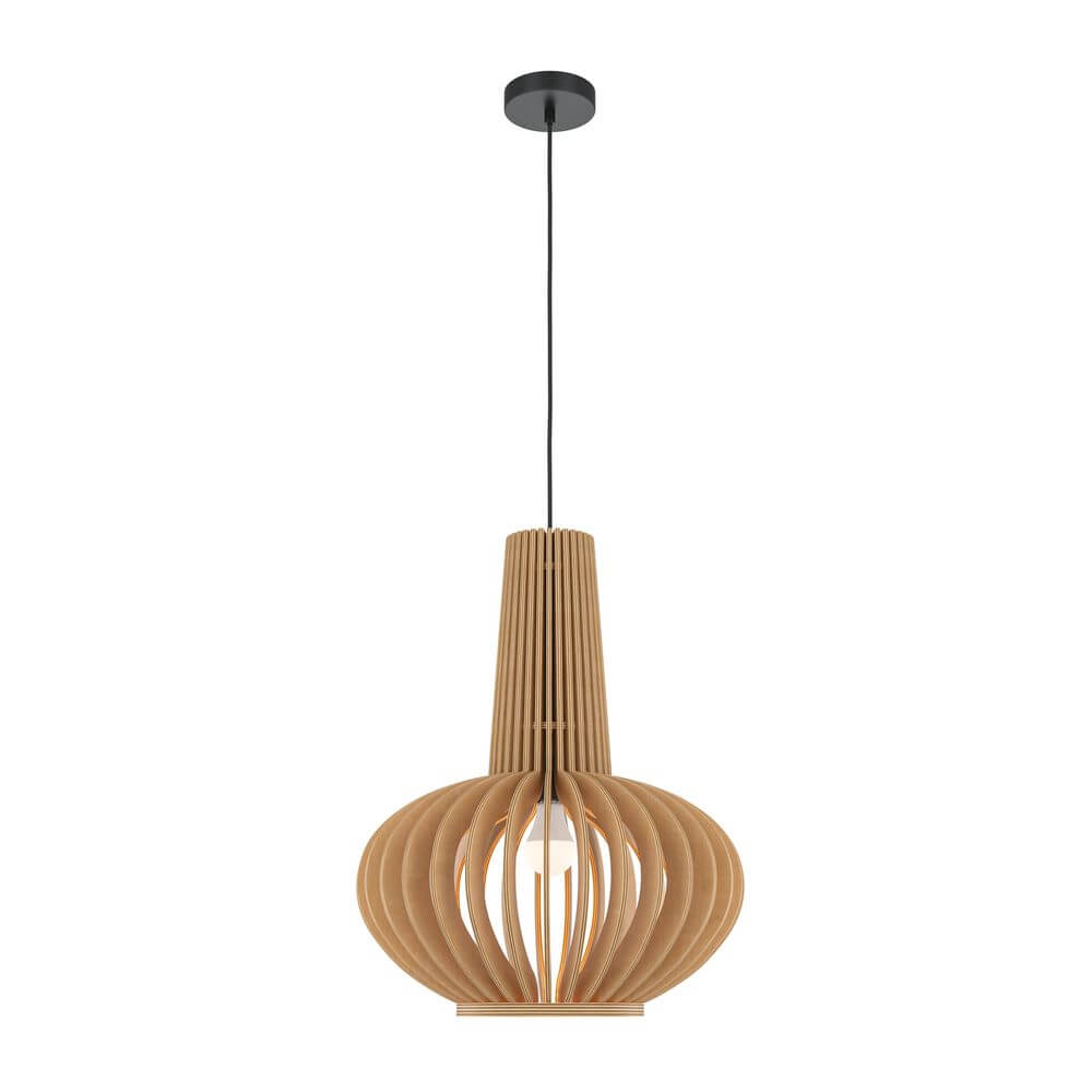 Ovale Holz Pendelleuchte Roots mit modernem Design und geschwungenem Lampenschirm aus Holz.