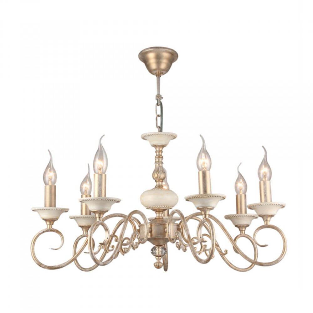 Perla Kronleuchter Creme, Gold mit creme-goldfarbenem Metallrahmen und eleganten Kerzenleuchtern.