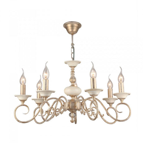 Perla Kronleuchter Creme, Gold mit creme-goldfarbenem Metallrahmen und eleganten Kerzenleuchtern.