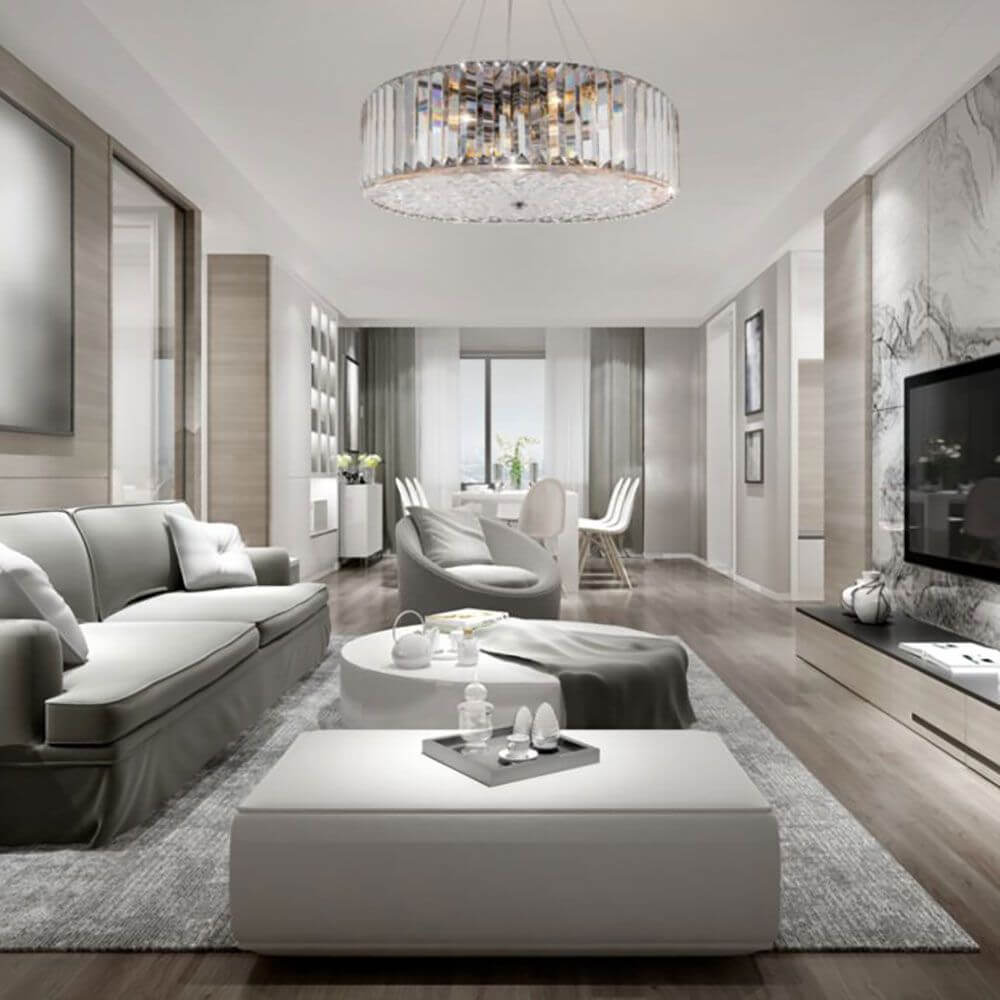 Moderne Wohnzimmer mit Recinto Kristall Hängelampe, eleganter Einrichtung und luxuriösem Design.