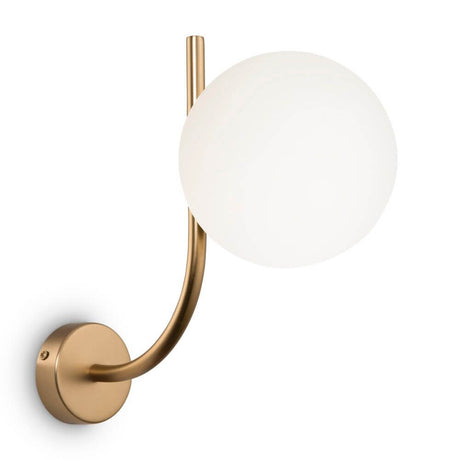 Rendez-vous wall lamp with glass sphere in brass with matte white glass shade.
