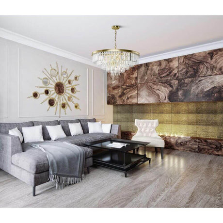 Revero 12-flammige Pendelleuchte in modernem Wohnzimmer mit Kristallaufhängern und lackierten Metalldetails.