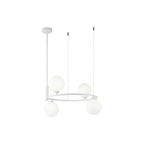 Suspension en anneau avec 4 sphères en verre au design moderne et de couleur blanche.