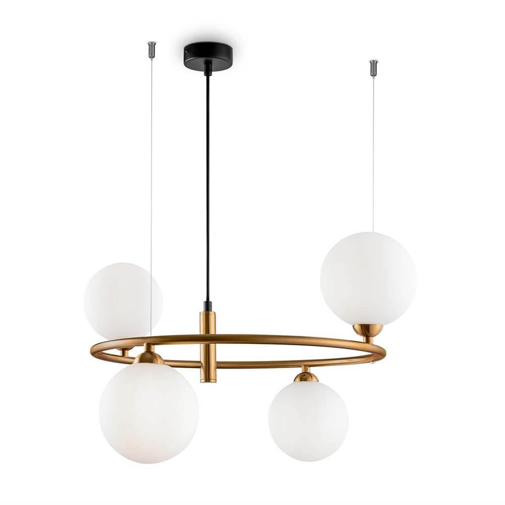 Ring Hängeleuchte 4-flammig mit Metallrahmen und mattierten Glaskugeln für modernes Wohndesign.