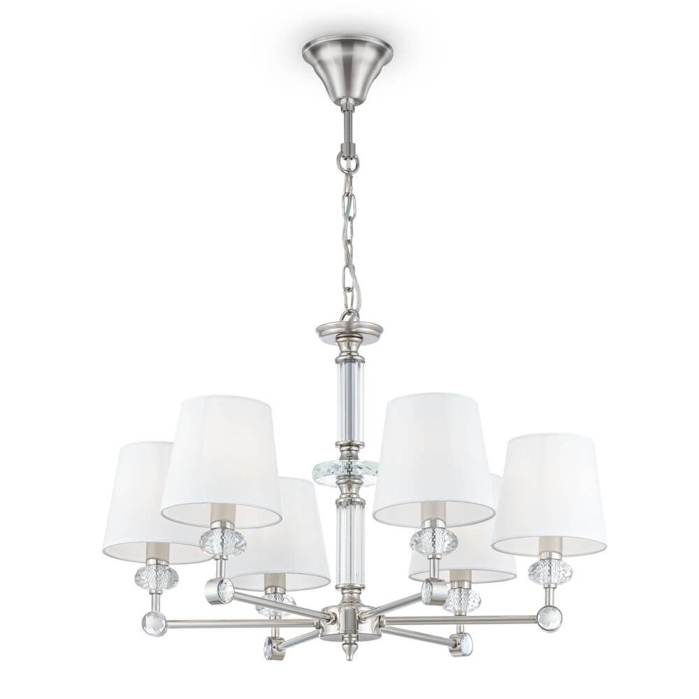 Riverside Kronleuchter 6-flammig aus poliertem Edelstahl und Glas mit eleganten Lampenschirmen.