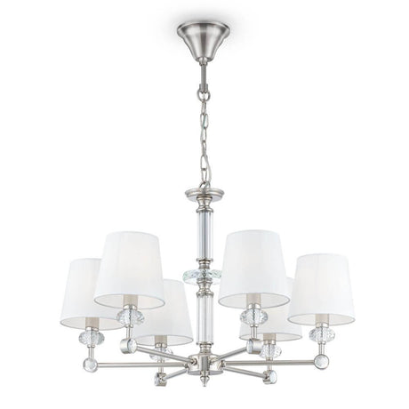 Riverside Kronleuchter 6-flammig aus poliertem Edelstahl und Glas mit eleganten Lampenschirmen.