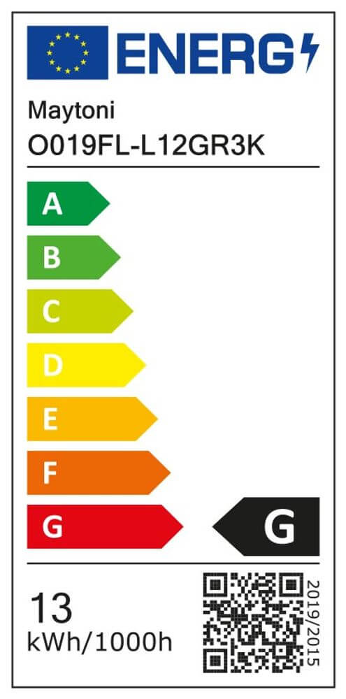 Energieeffizienzlabel für Maytoni O019FL-L12GR3K mit der Klassifizierung G und 13 kWh/1000h.
