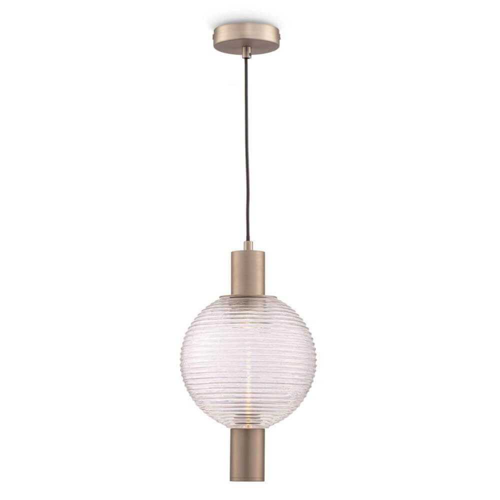 Rueca Pendelleuchte in Messing mit rundem, gestreiften Glas und verstellbarer Schnur.