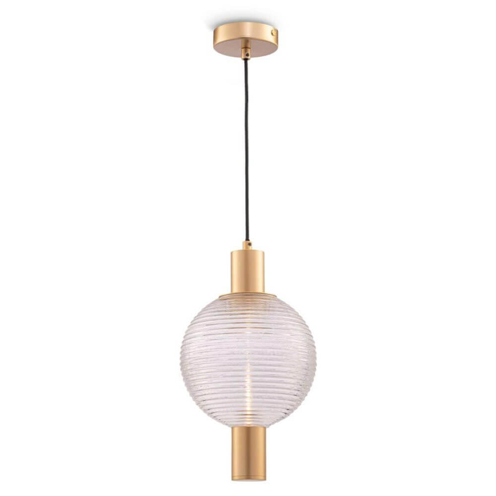 Rueca Pendelleuchte aus Messing mit transparentem Lampenschirm, höhenverstellbar durch Kabel.