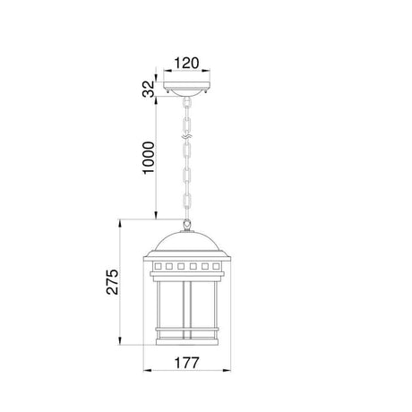 Dessin technique de la suspension d’extérieur Salamanca IP44 avec dimensions.