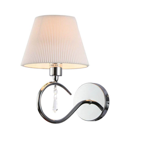 Talia wall light with metal frame and white pleated fabric shade, decorative hanging elements.