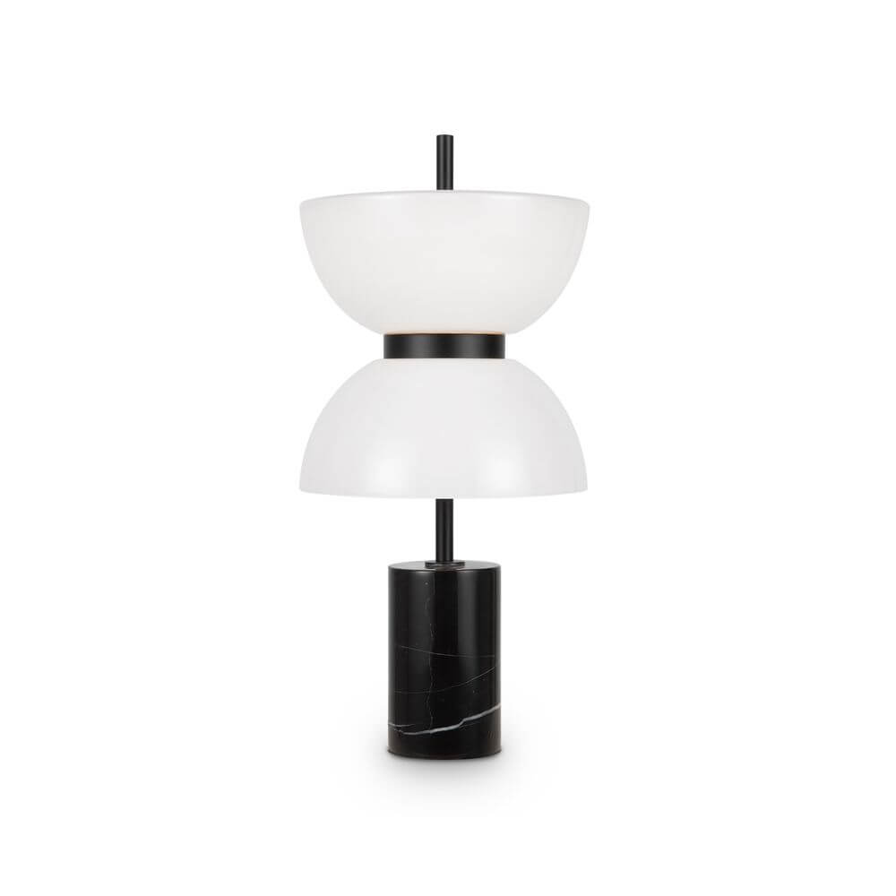 LED Tischleuchte Kyoto Ø 22cm mit elegantem Design aus Glas und schwarzem Marmorfuß.