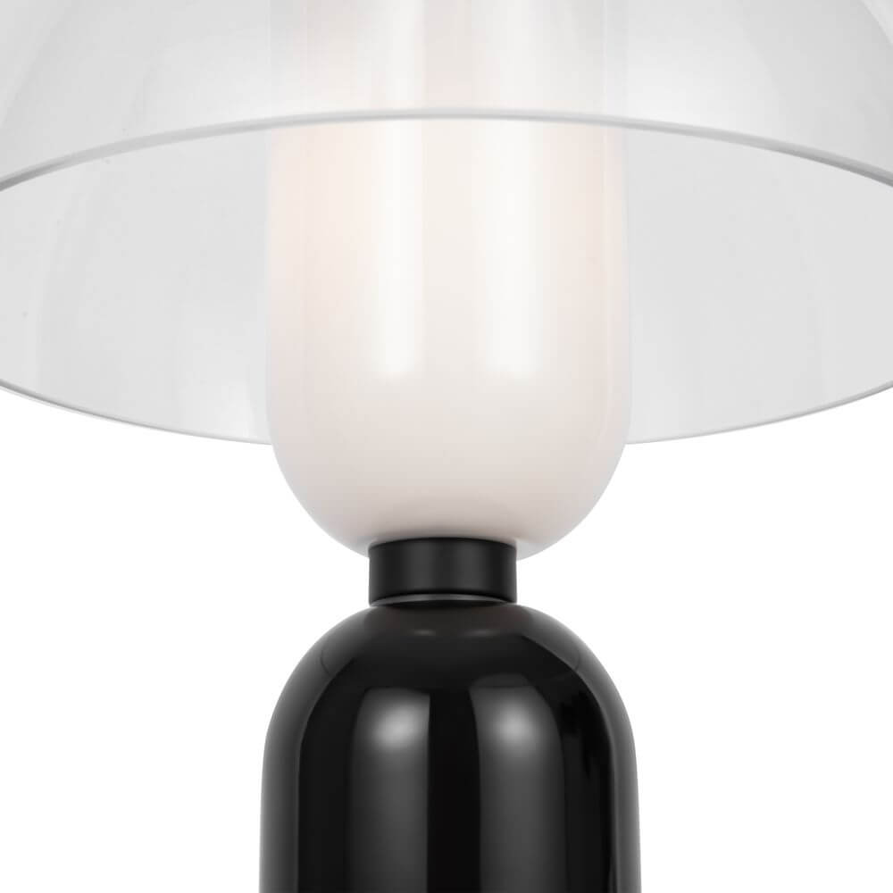 LED Tischleuchte Memory Ø 30cm in Nahaufnahme mit transparenter Leuchte und glattem schwarzen Fuß.
