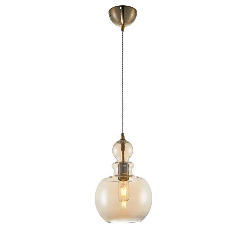 Tone Glas-Pendellampe mit Metallrahmen und bernsteinfarbenen Diffusoren, höhenverstellbar.