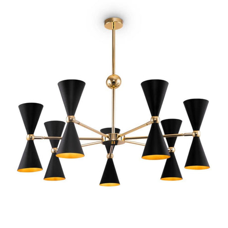 Vesper Pendelleuchte Mini aus robustem Metall mit drehbaren Armen in Schwarz-Gold und goldfarbenen Beschlägen.