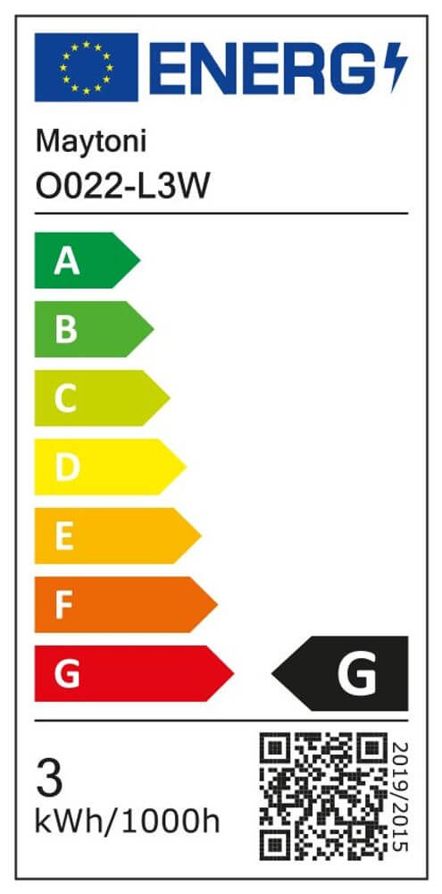 Energielabel für Maytoni O022-L3W mit Effizienzklasse G und Verbrauch von 3 kWh/1000h.