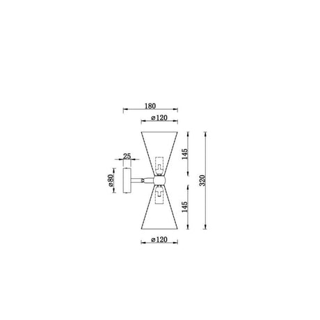 Dessin technique de l'applique Vesper à 2 lumières Blanc/Or avec dimensions et détails.