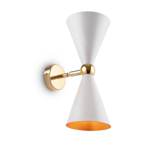 Applique Vesper à 2 lumières Blanc/Or avec un abat-jour conique blanc et des ferrures couleur or.