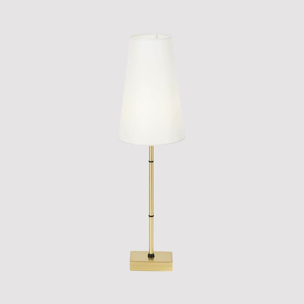 Zaragoza Tischlampe 60cm mit poliertem Messingrahmen und weißem Stoffschirm.