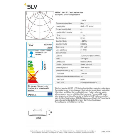 Medo 40 LED Deckenleuchte Silbergrau technische Daten und Eigenschaften auf einem Produktdatenblatt.