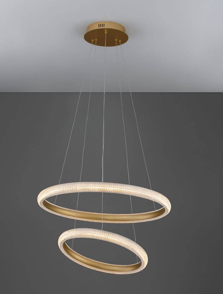 Medora LED Pendelleuchte 2-flammig Ø 59cm 3000K Messing-Gold mit zwei Ringen in elegantem Design.