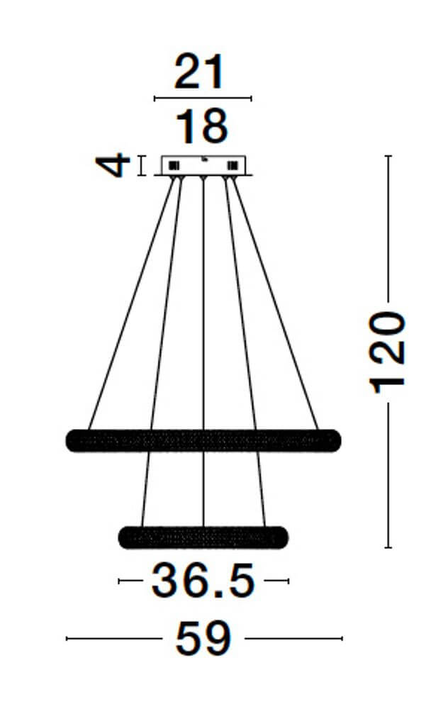 Technische Zeichnung der Medora LED Pendelleuchte 2-flammig Ø 59cm 3000K Messing-Gold mit Maßen.
